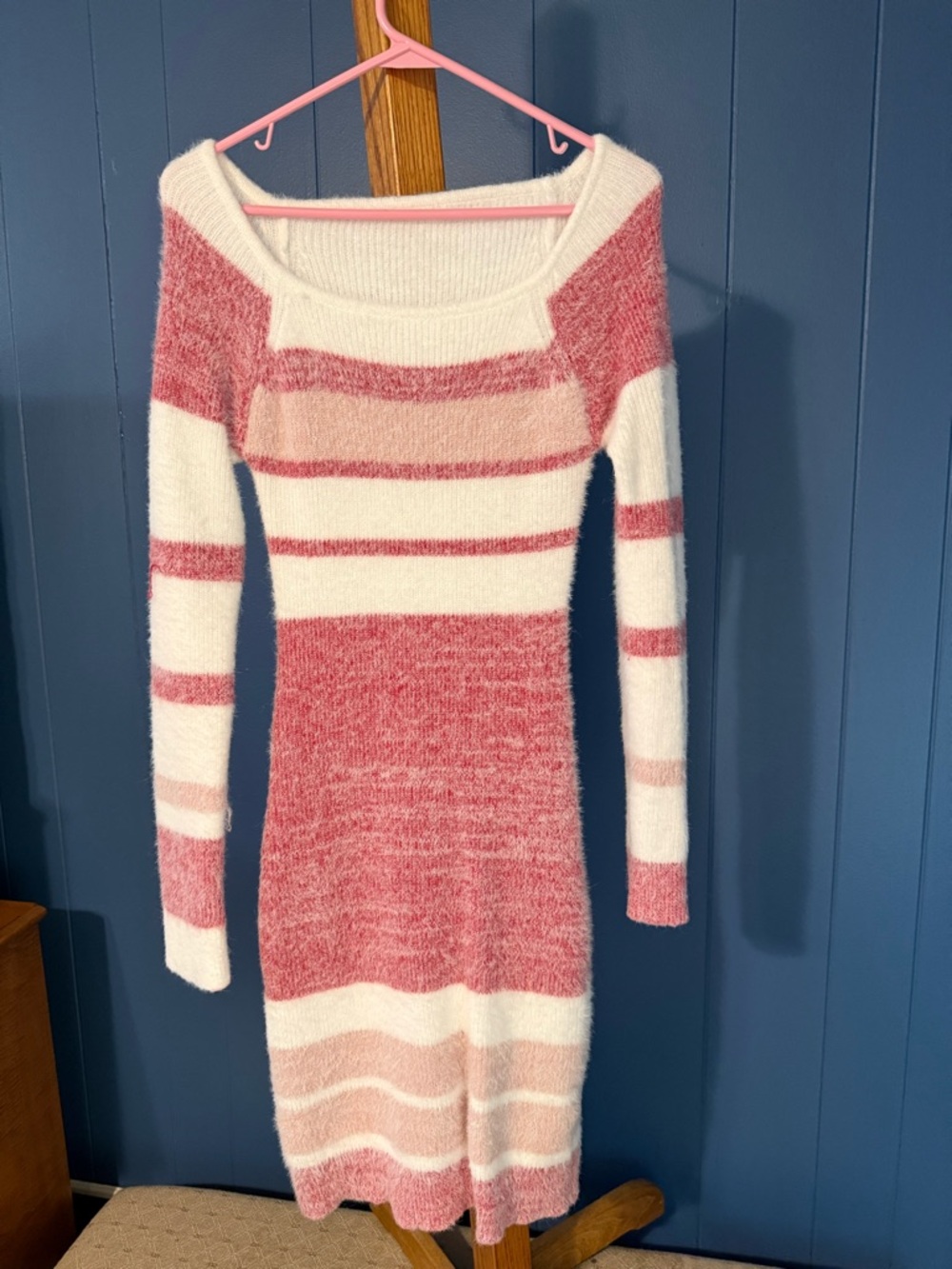SHEIN Pink and White Striped Fuzzy Bodycon Dress